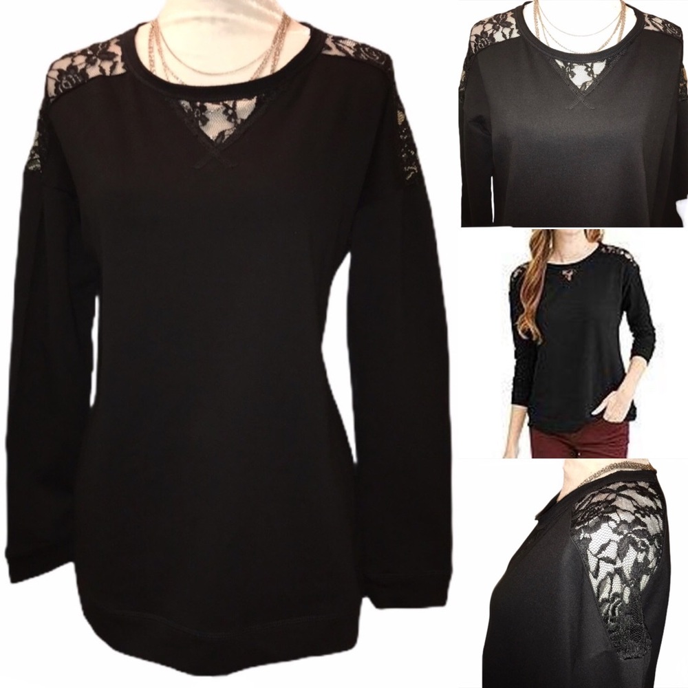 NWT Como Blu Lace Detail Black Dressy Sweatshirt - All Sizes Avail